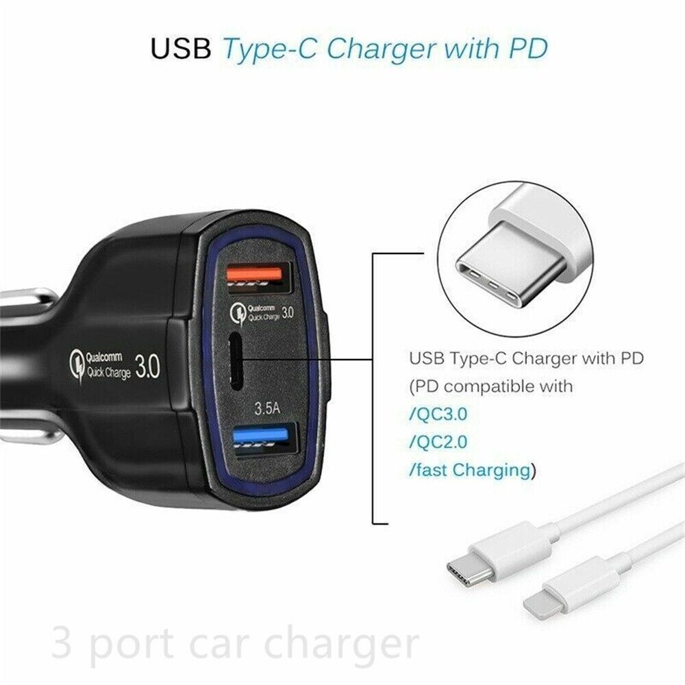 3 Port USB PD Quick Fast Car Charger QC3.0 Adapter Cigarette Lighter Socket