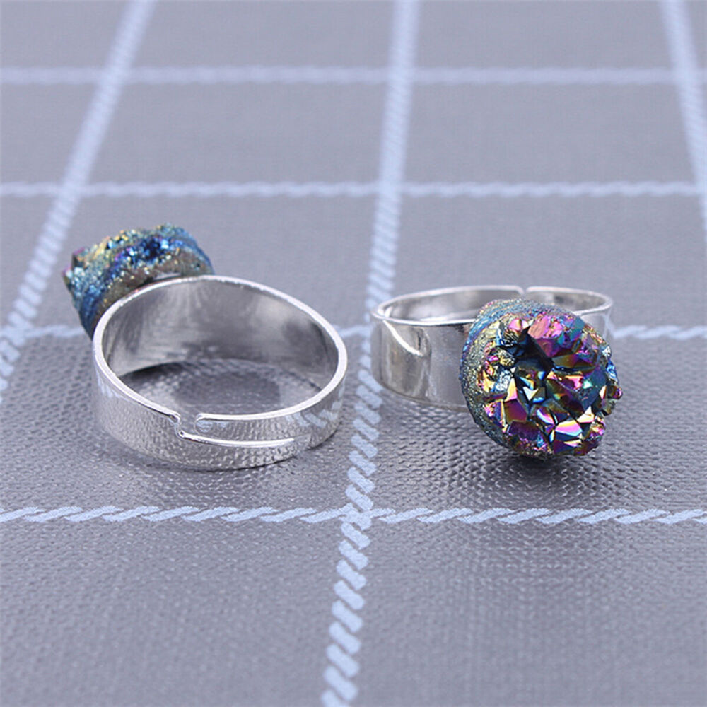 Rainbow Titanium Crystal Agate Druzy Quartz Geode Ring Adjustable Jewelry