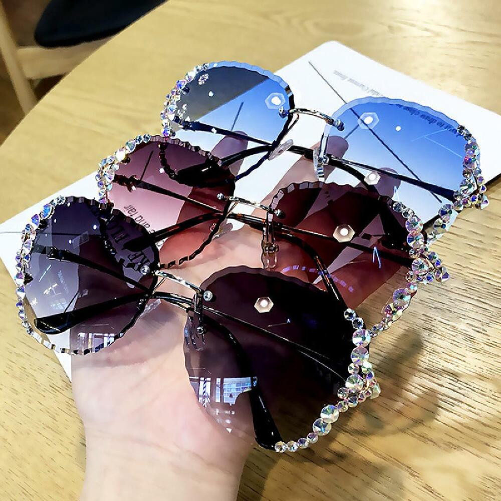 Luxury Oversized Rimless Bling Rhinestone Square Sunglasses Women Fashion Shades