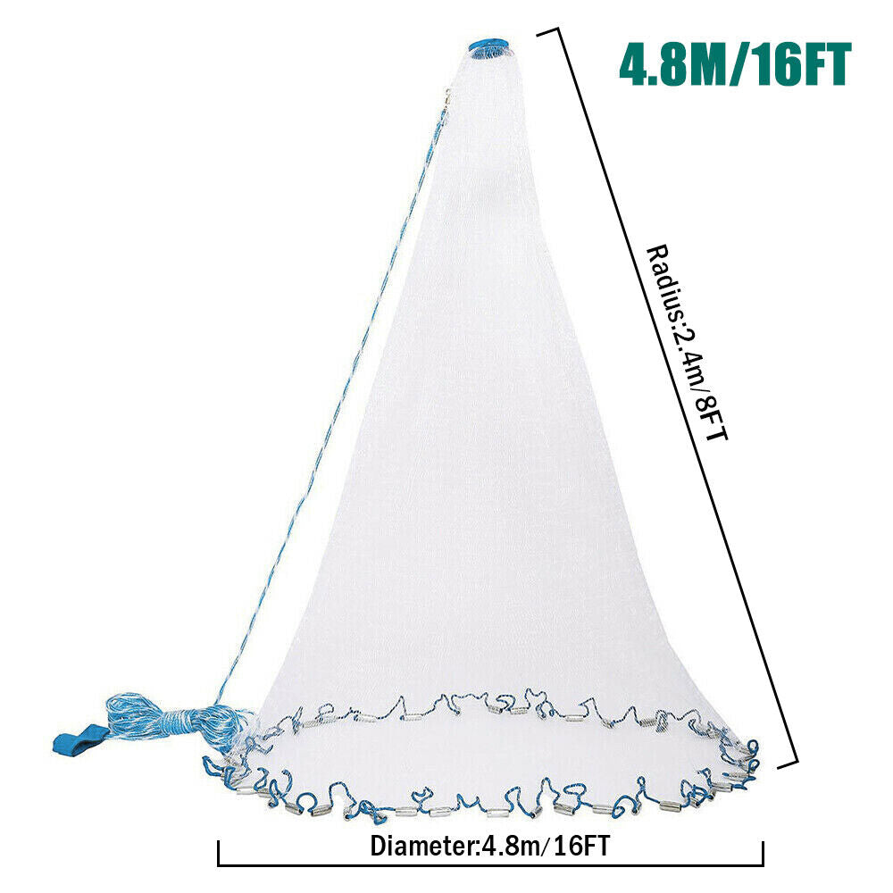 Saltwater Fishing Cast Net for Bait Trap Fish 8ft-16ft Easy Throw Hand Mesh Net