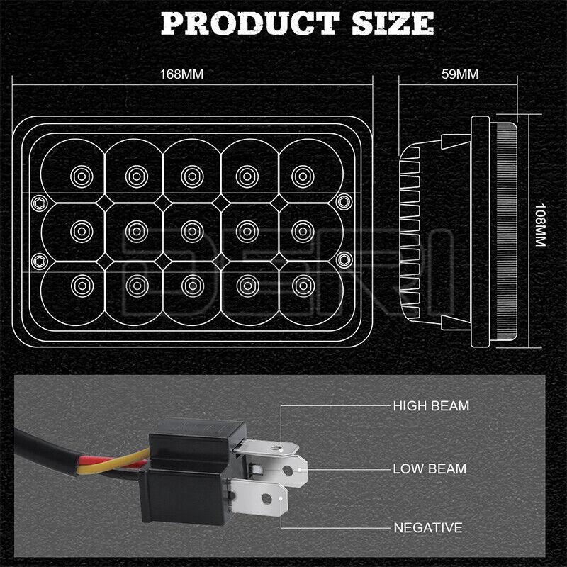 4X 45W 4x6" LED Headlights HI/LO Sealed Beam Work Lamps Rectangle H4 Work Lights