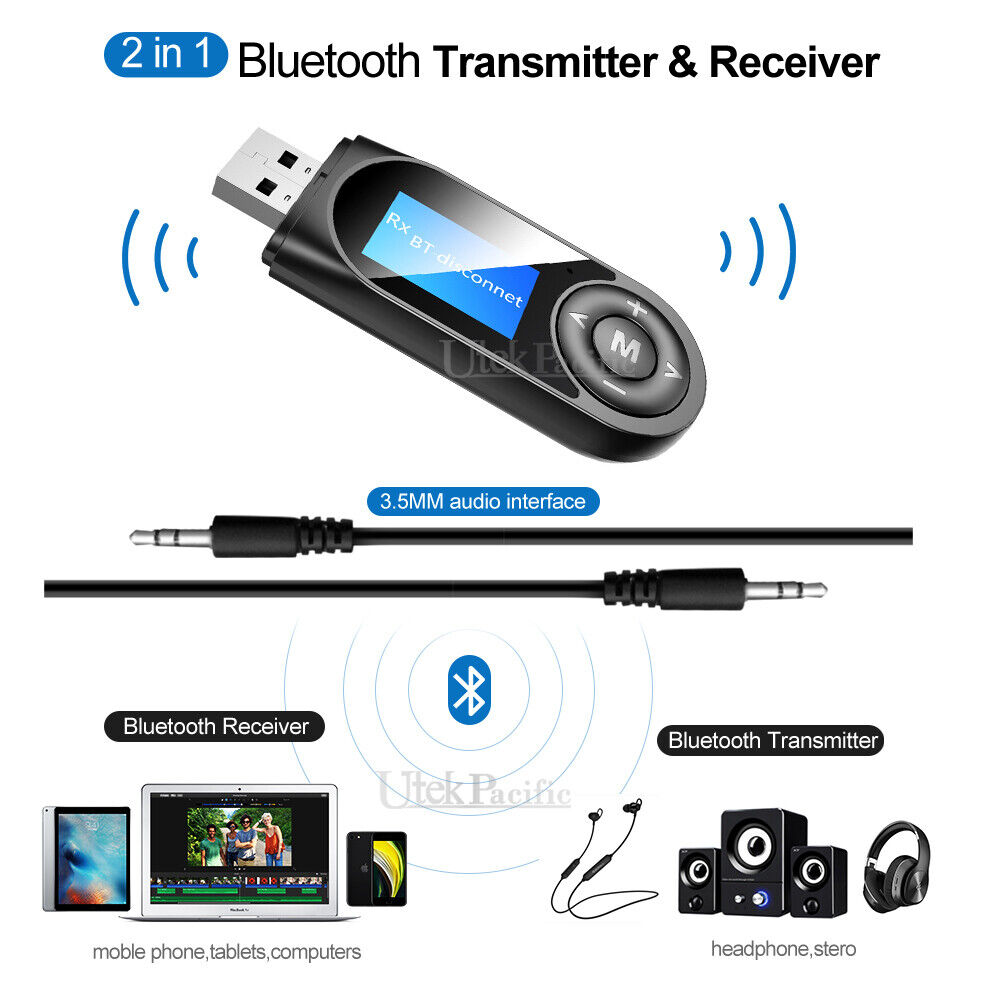 USB Bluetooth 5.0 Transmitter Receiver Audio Adapter AUX 3.5mm TV CAR PC Speaker