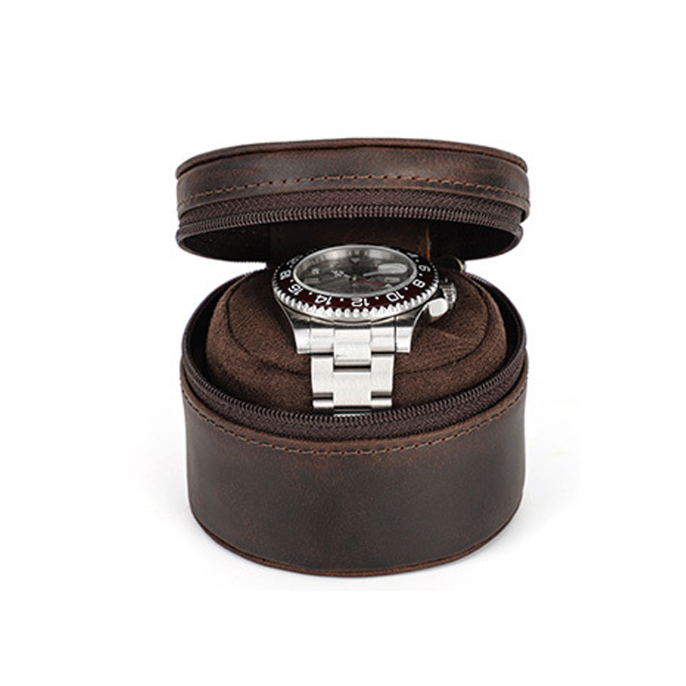 Watch Case Vintage Leather Single Round Zipper Travel Storage Box Coffee