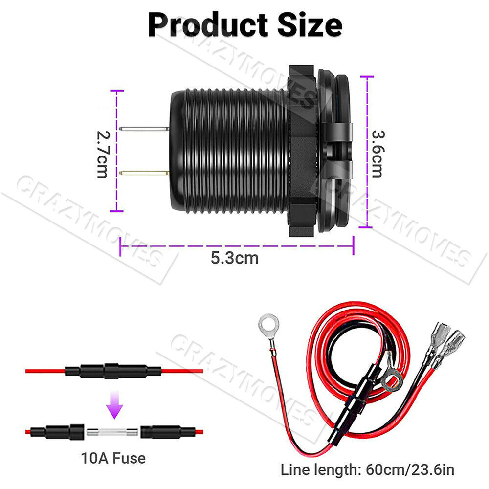 PD Type C USB Car Charger and QC 3.0 Charger 12V Power Outlet Socket ON/Off