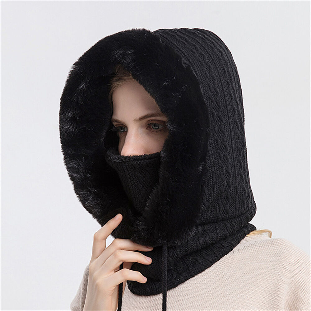 Women Winter Thick Warm Fur Cap Knit Hooded Hat Ear Neck Cycling Anti-cold Hat