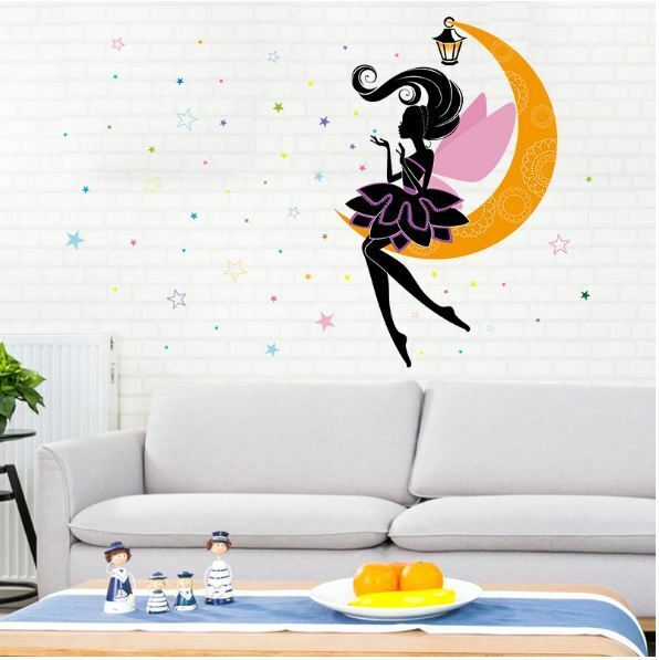 Wall Stickers Removable Moon Girl Fairy Butterfly Kids Mural Room Decal Romantic