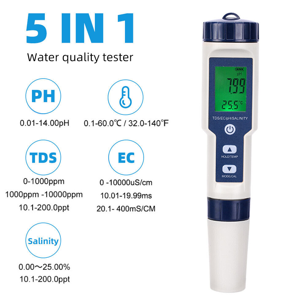 5 in 1 Digital Water Quality PH Tester Pen TDS EC Temperature Test Pool Water