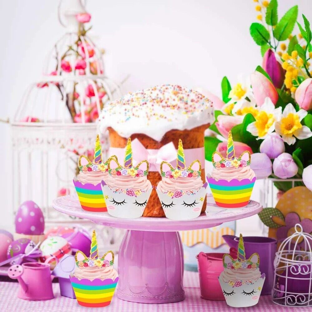 48pcs Unicorn Cupcake Toppers Wrappers Birthday Party Cake Decorations Kids