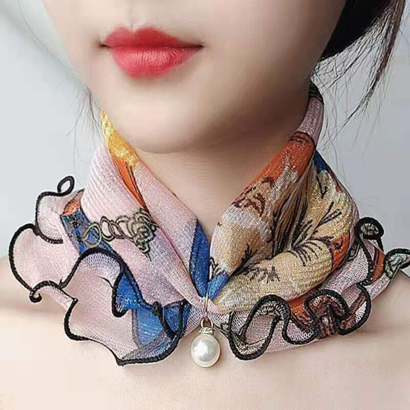 Women Lady Scarf Sun Protection Neck Bandana Fashion Pearl Chiffon Lace Headband