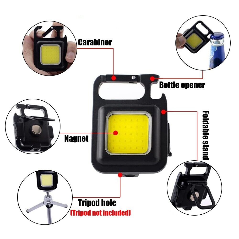 Mini Pocket COB LED Work Light Keychain Flashlight Torch Lamp USB Rechargeable