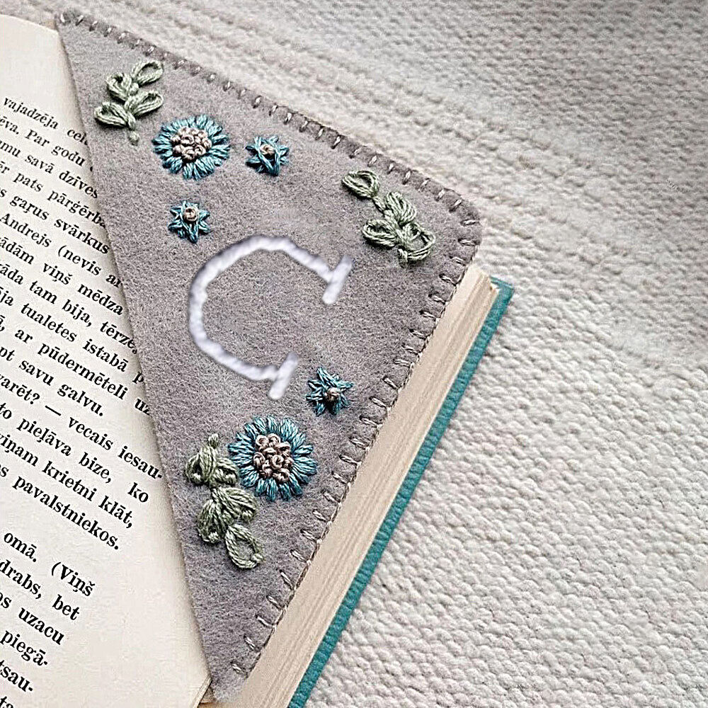 Hand Embroidered Corner Bookmark,Hand Stitched Felt Letter Bookmark #T