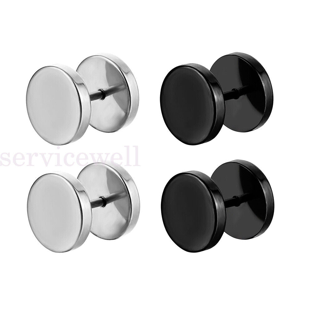 Men Earring Studs Black Flat Round Barbell Mens Earrings Plug Stainless Steel