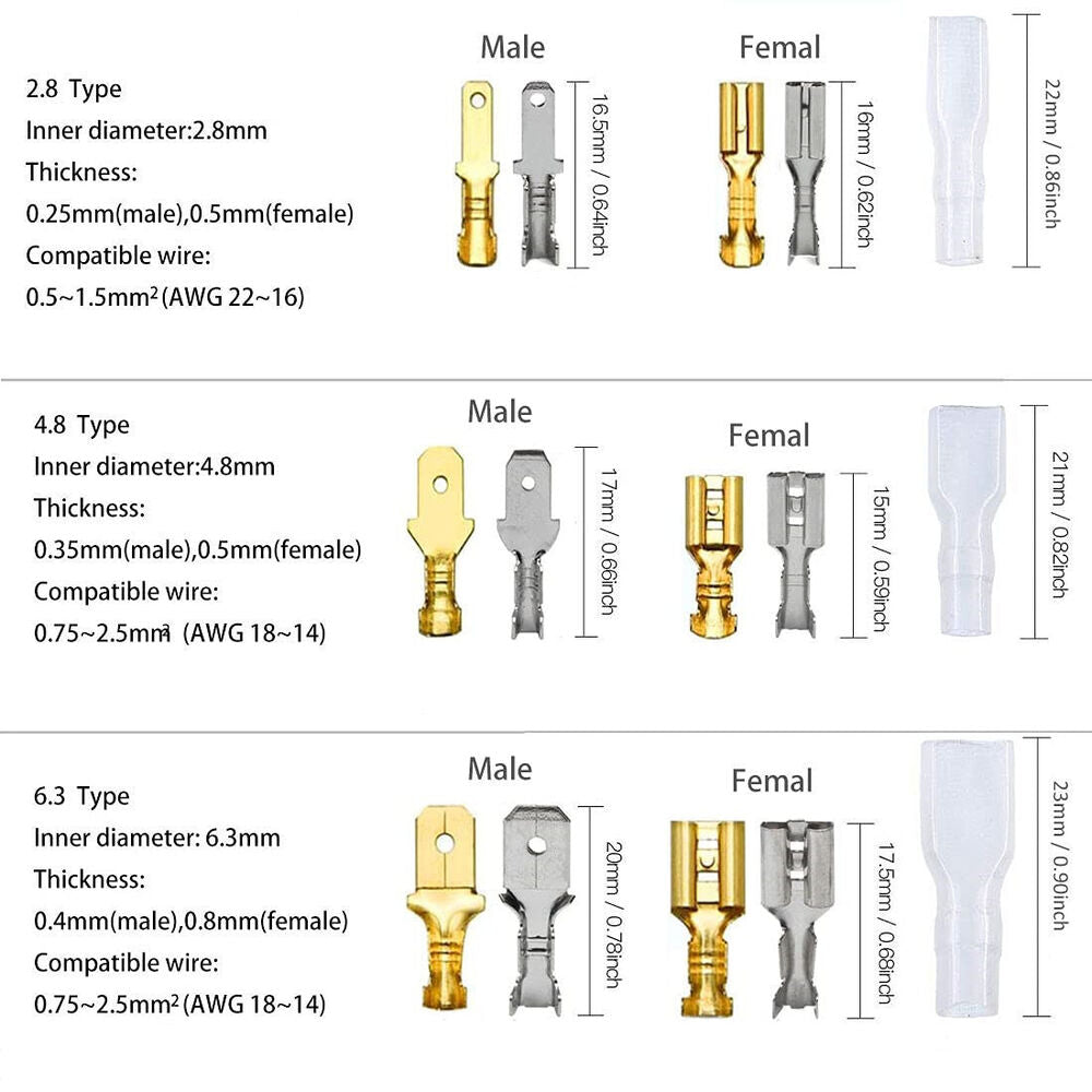 50Set 2.8/4.8/6.3mm Spade Male Female Terminals Electrical Wire Crimp Connectors