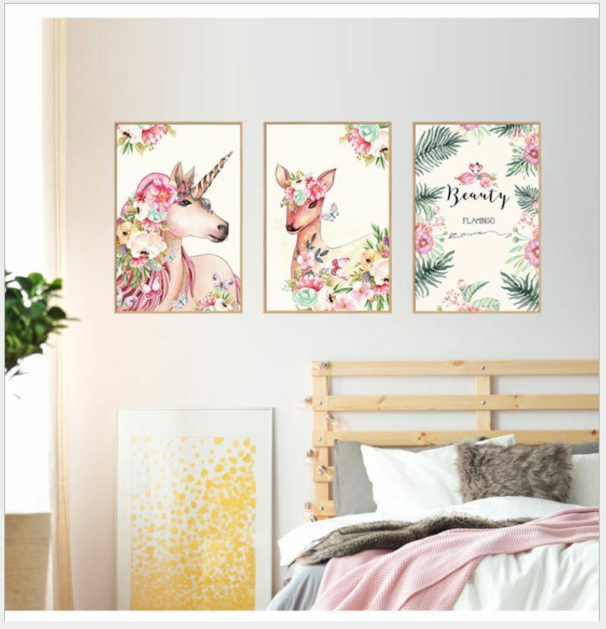 3PCS Wall Sticker Unicorn Flowers Art Vinyl Wall Decals Home Room Decor