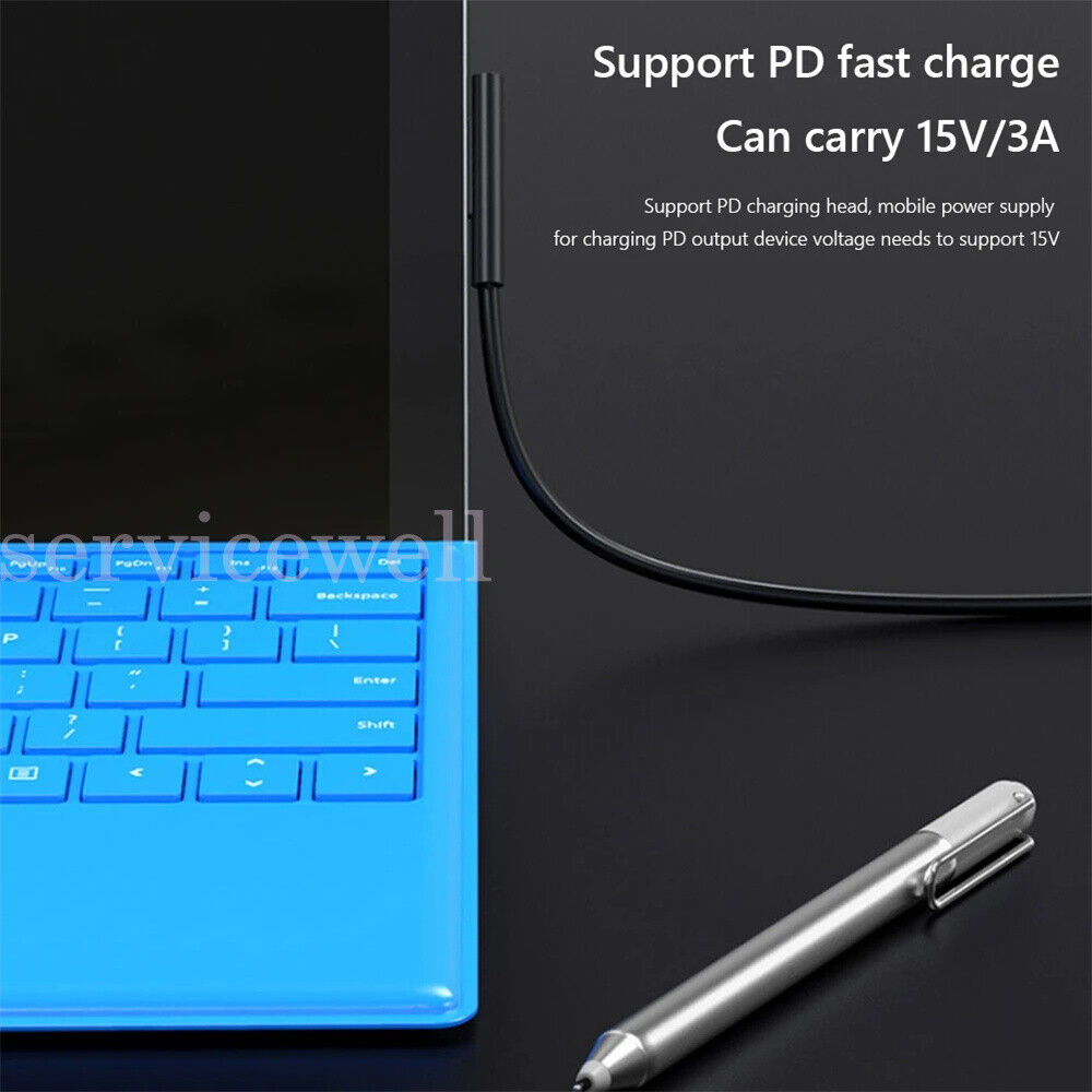 USB C Power Supply PD Fast Charger Cable for Microsoft Surface Pro 7 6 5 4