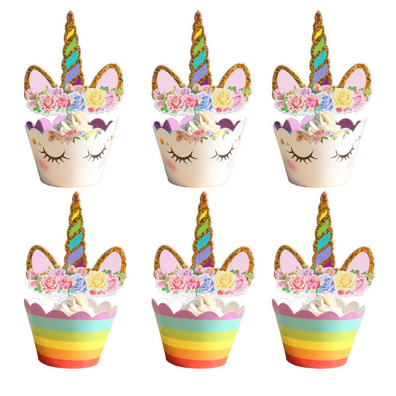 48pcs Unicorn Cupcake Toppers Wrappers Birthday Party Cake Decorations Kids