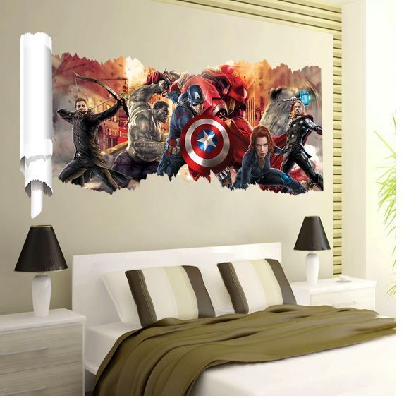 3D Wall Stickers Removable The Avengers Iron Man Hulk Broken Wall Kid Boy Room