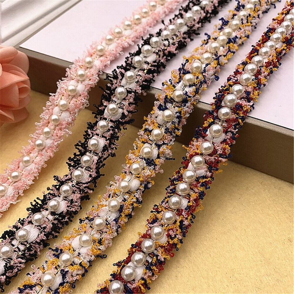 1 Yard Pearl Beaded Embroidered Lace Ribbon Trim DIY Handmade Dress Sewing Craft