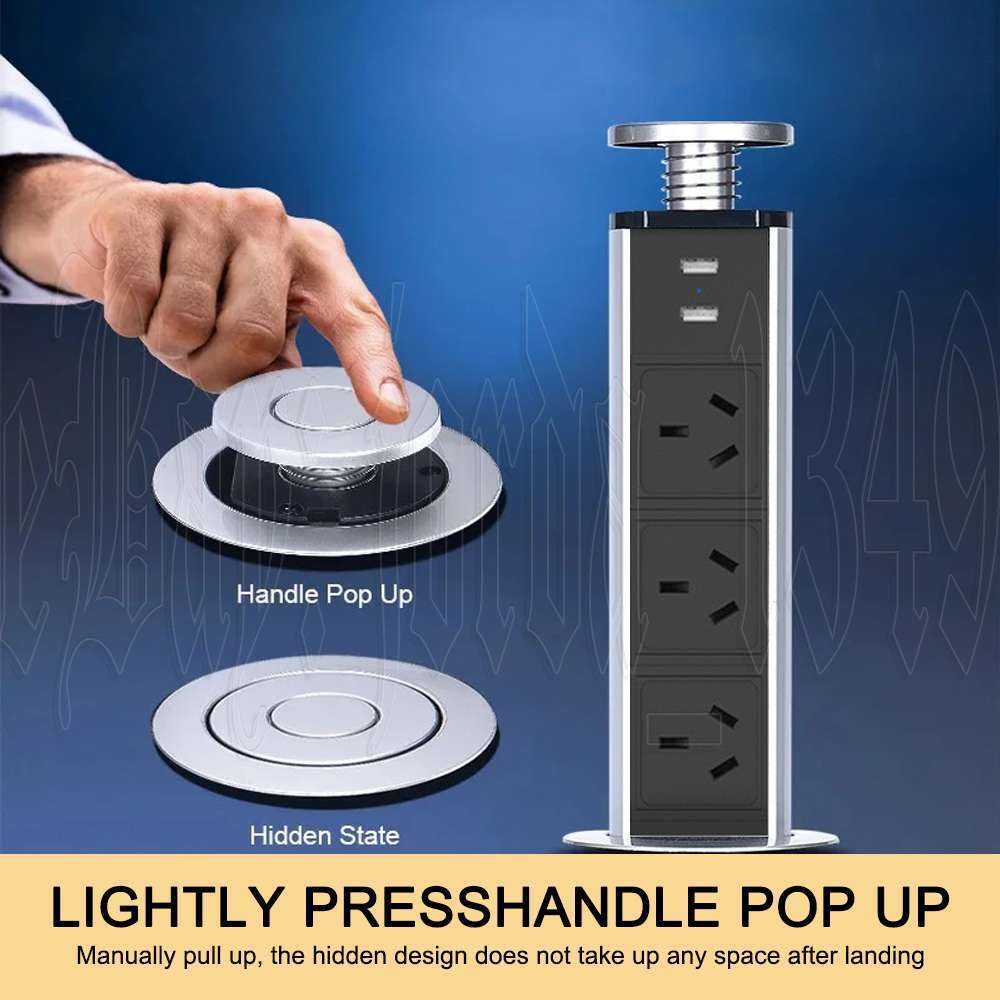 Pop Up Power Point 3 Socket Plug + 2 USB Table Home Kitchen Desk Outlet