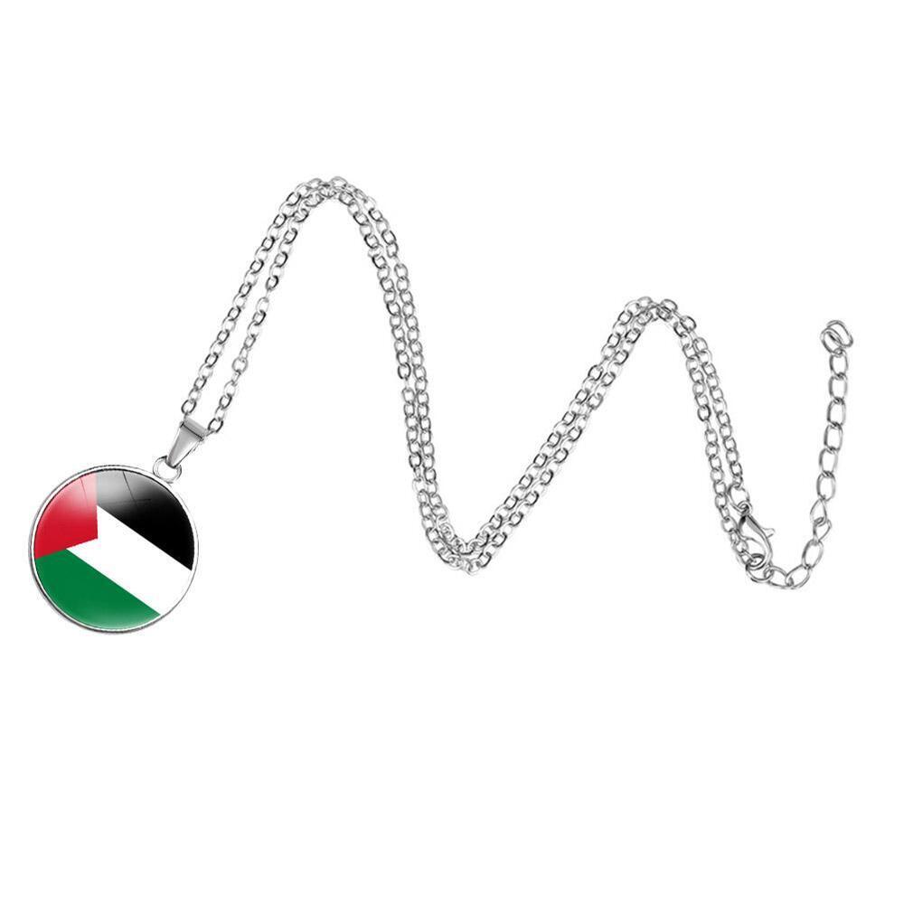 Silver Plated Palestine Flag Map Round Necklace Pendant