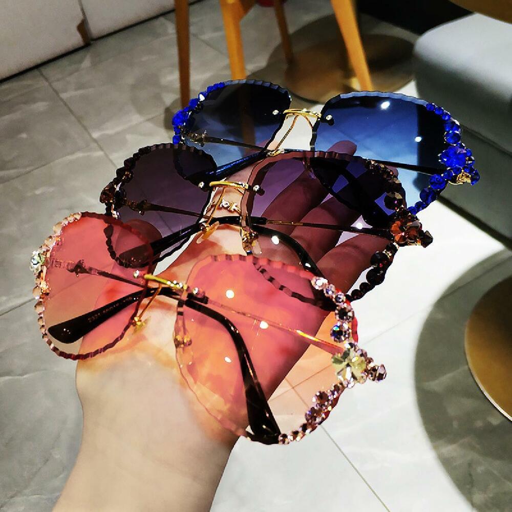 Luxury Oversized Rimless Bling Rhinestone Square Sunglasses Women Fashion Shades