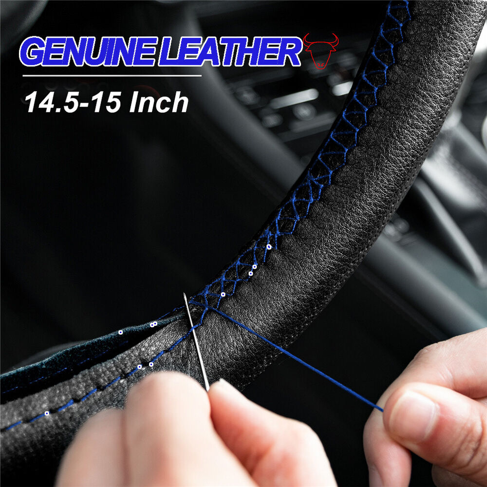 Genuine Leather DIY Car Steering Wheel Cover Breathable Anti-slip 38cm Black