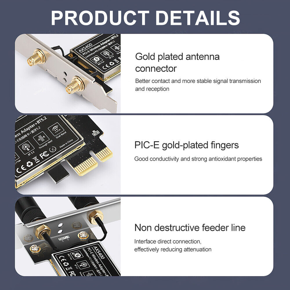 WiFi 6 Bluetooth 5.2 PCI-E Adapter PC Dual Band 2.4G+5G Game Network Card Kit