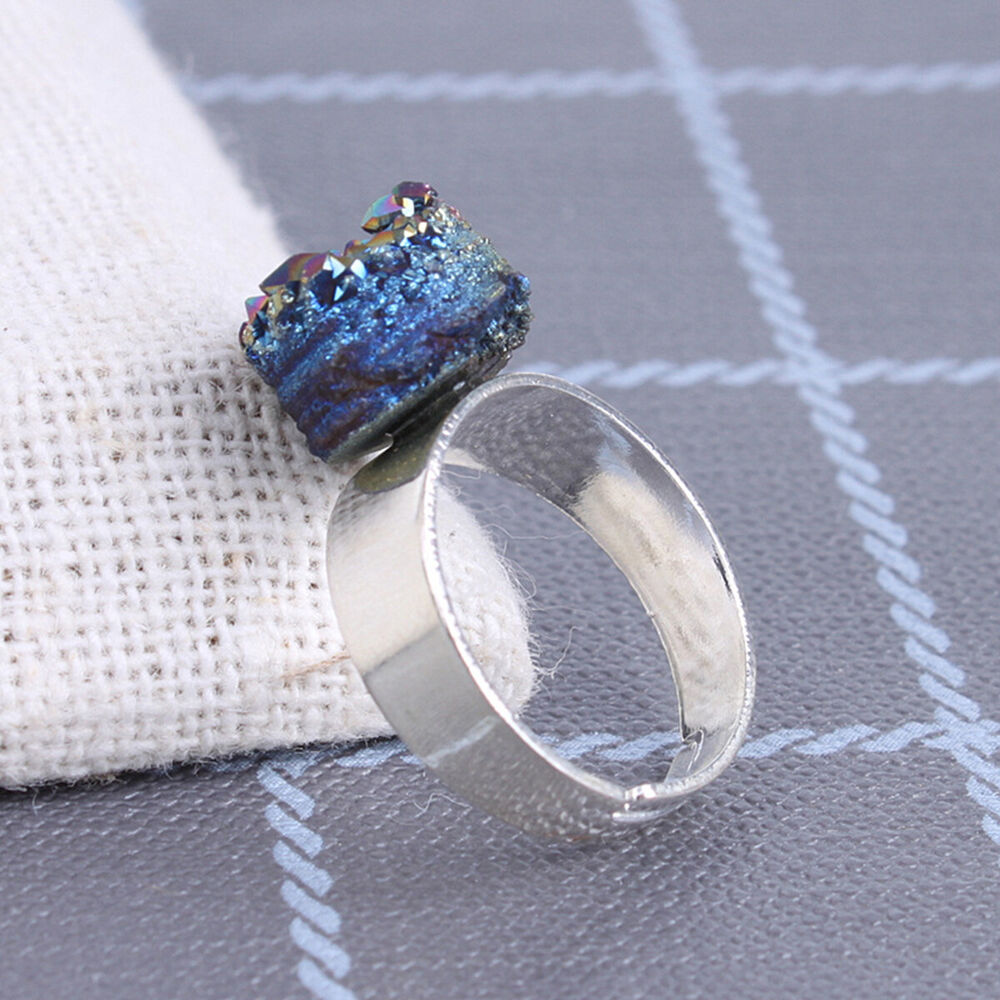 Rainbow Titanium Crystal Agate Druzy Quartz Geode Ring Adjustable Jewelry