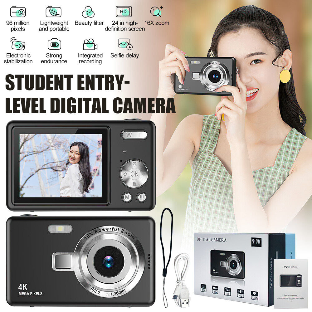 4K HD 1080P Digital Camera 16X Zoom Portable Vlogging Camera 2.4 Inch IPS Screen