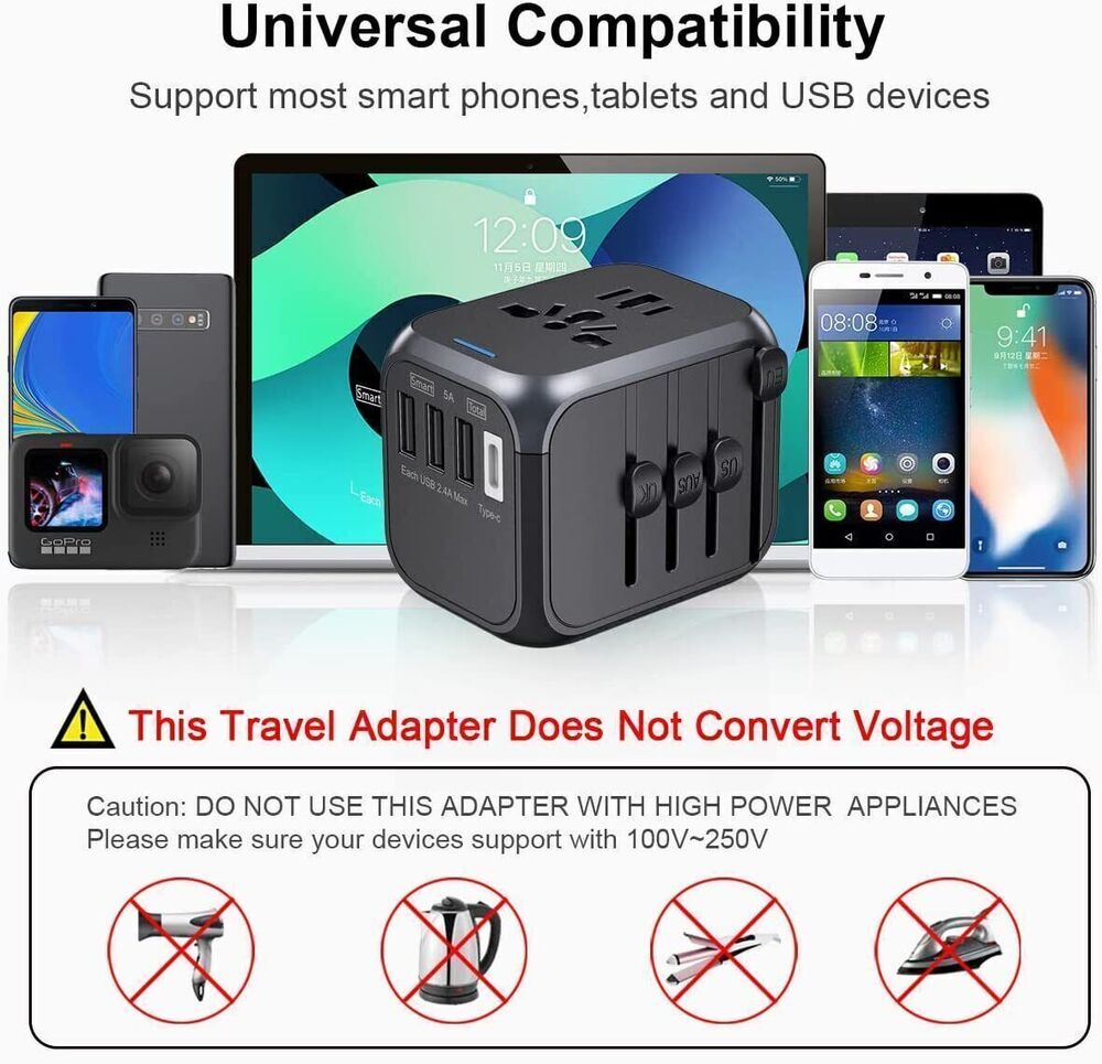 Universal International Travel Adapter 3 USB +Type-C Outlet Converter Plug Power