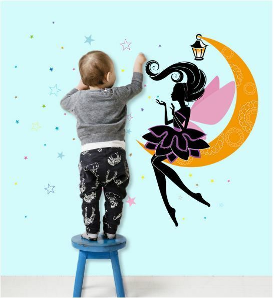 Wall Stickers Removable Moon Girl Fairy Butterfly Kids Mural Room Decal Romantic