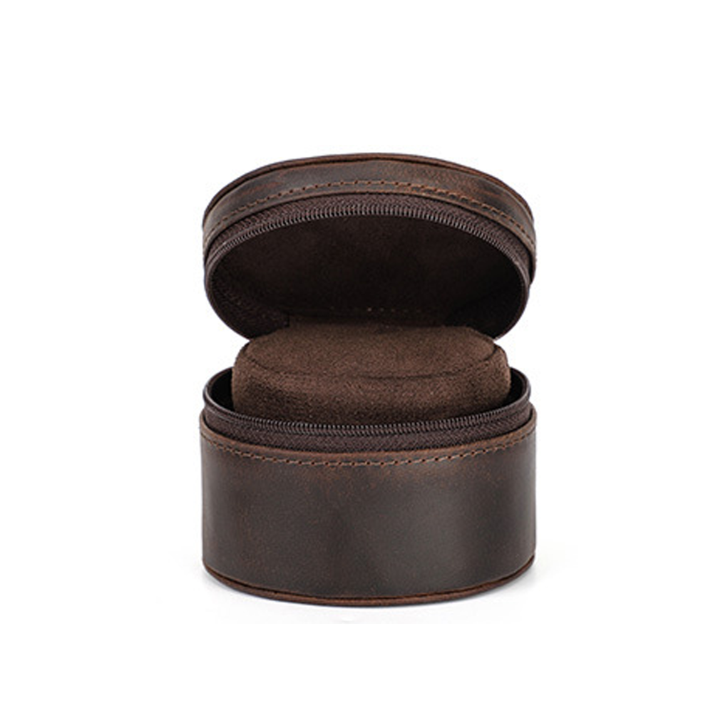 Watch Case Vintage Leather Single Round Zipper Travel Storage Box Coffee