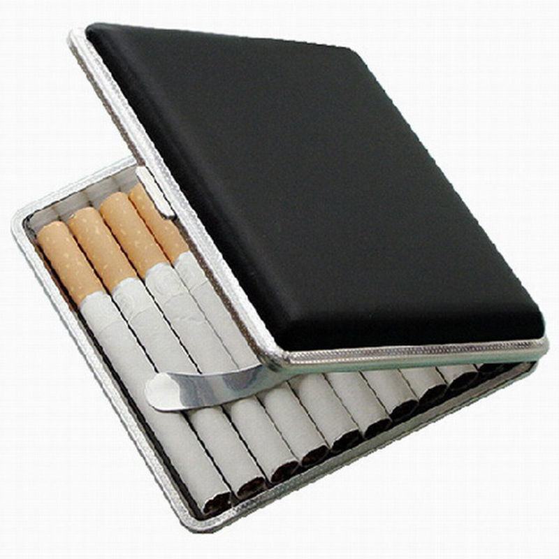 Holder Metal Tobacco Pocket 20 Cigarette Storage Smoke Leather Black Case Box