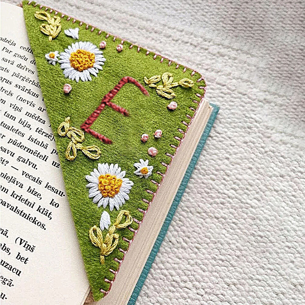 Hand Embroidered Corner Bookmark,Hand Stitched Felt Letter Bookmark #T