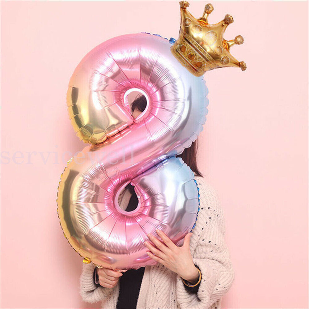 32" Rainbow Number Foil Balloon with Gold Crown Birthday Party Wedding New Year