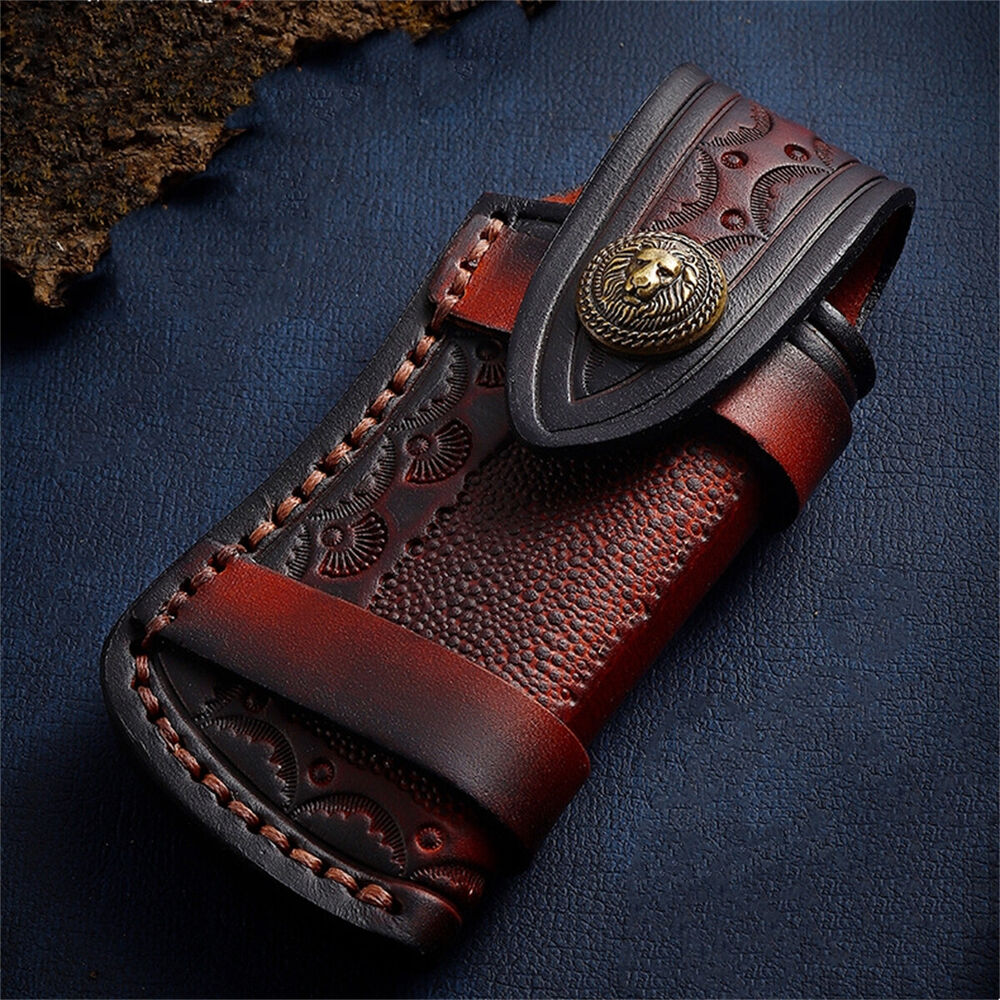 Hand Made Carved Cow Leather Sheath For Folding Knife Cover Pouch Belt Clip