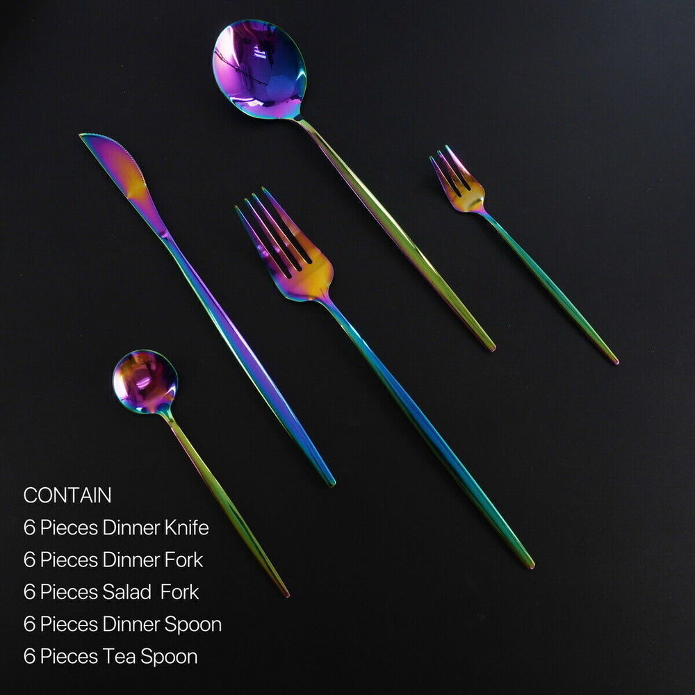 30PC 410 Stainless Steel Cutlery Set Gold Rainbow Flatware Knife Fork Spoon Gift