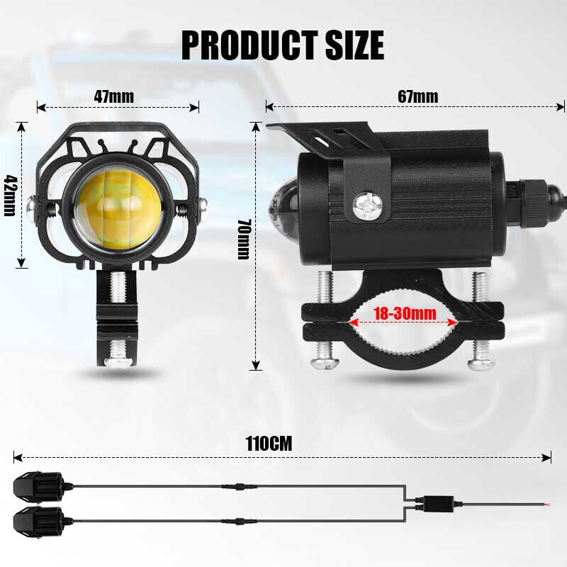 2x Universal LED Motorcycle Spot light Headlight Hi-Lo Driving Fog Yellow White