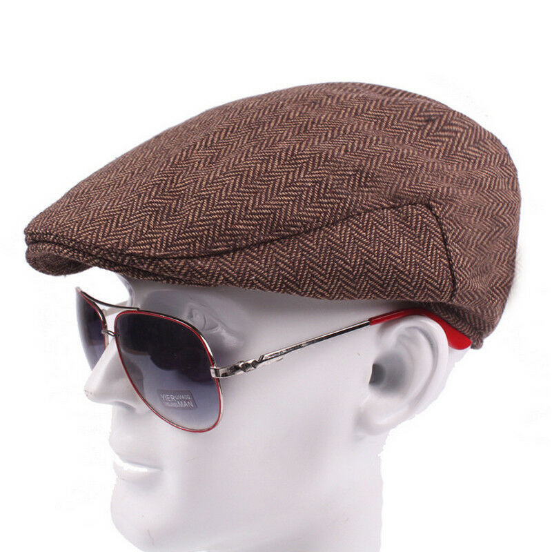 Men Vintage Tweed Newsboy Cap Herringbone Flat Cap Baker Beret Hat Peaky Blinder