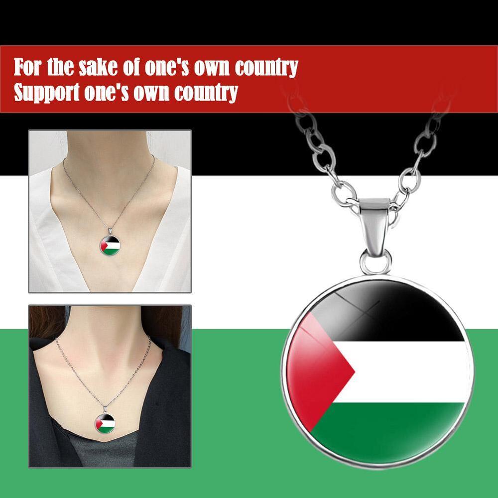 Silver Plated Palestine Flag Map Round Necklace Pendant