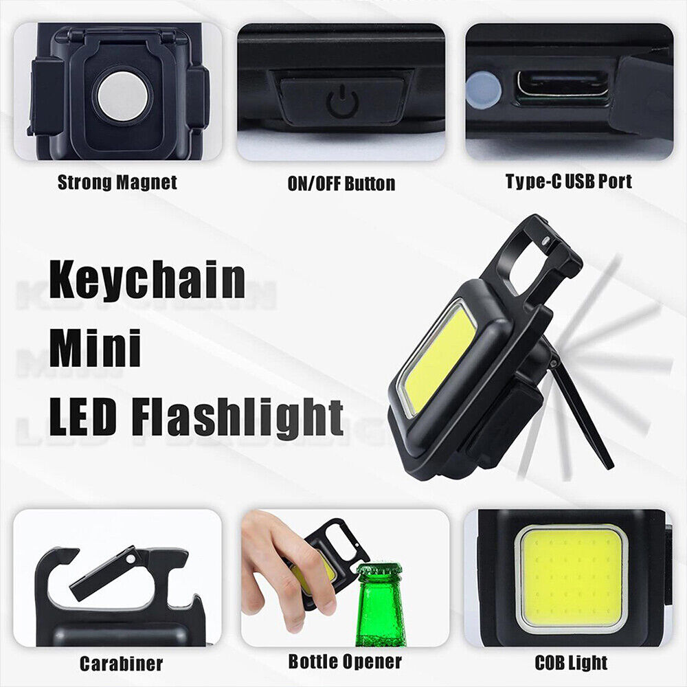 Mini COB Flashlights 400Lumens Work Lamp Rechargeable Light Keychain USB Keyring