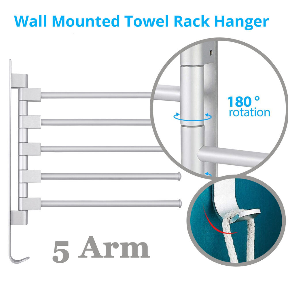 Bathroom 5 Arm Wall Mounted Towel Rail Swivel Rack Kitchen Storage Holder Chrome