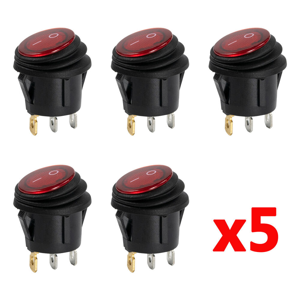 5X Car 12V Round Rocker Dot Boat Toggle Switch Red LED Light ON - OFF Waterproof