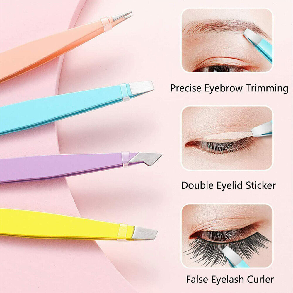 4X Professional Eyebrow Tweezers Kit Slanted Pointed Tip Manicure