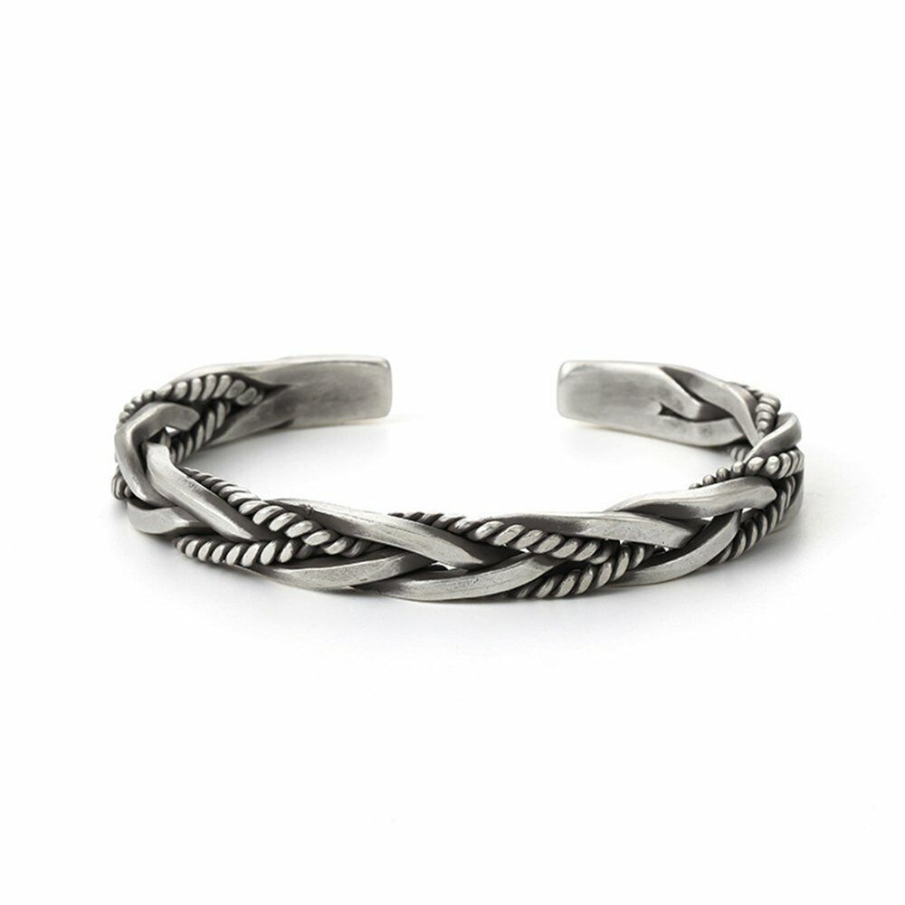 Mens Vintage Open Bangle Silver Thai Handmade Twisted Cuff Bracelet