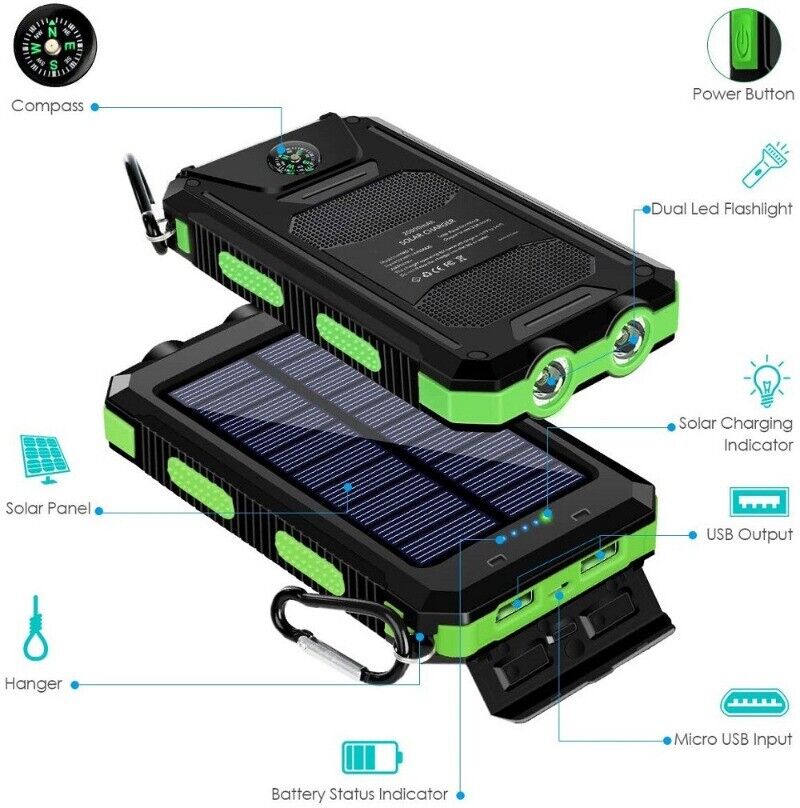 Solar Power Bank 900000mAh Pack Waterproof 2USB LED Battery Charger For Phone