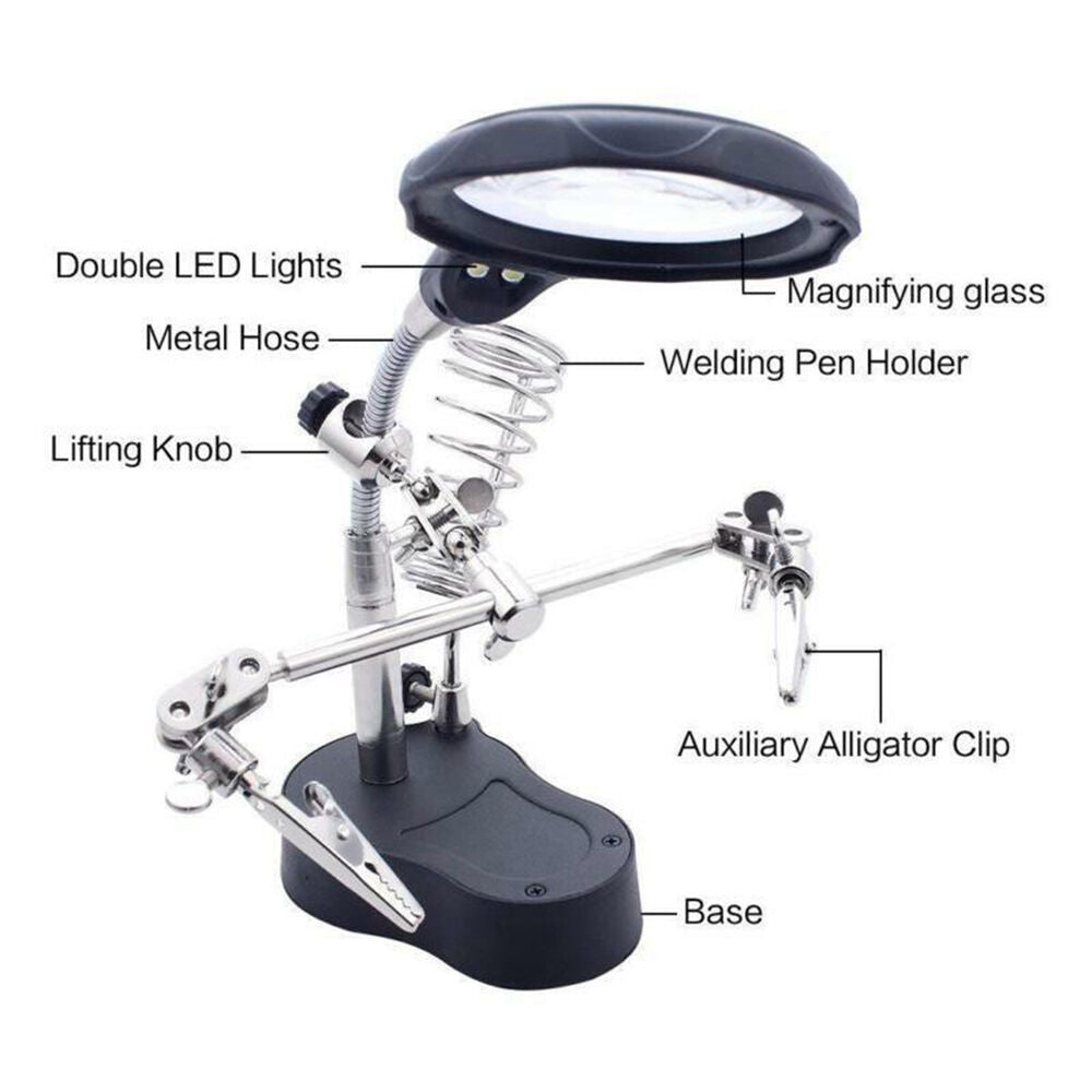 LED Helping Hand Clamp Magnifying Glass Soldering Iron Stand Len Magnifier Tool