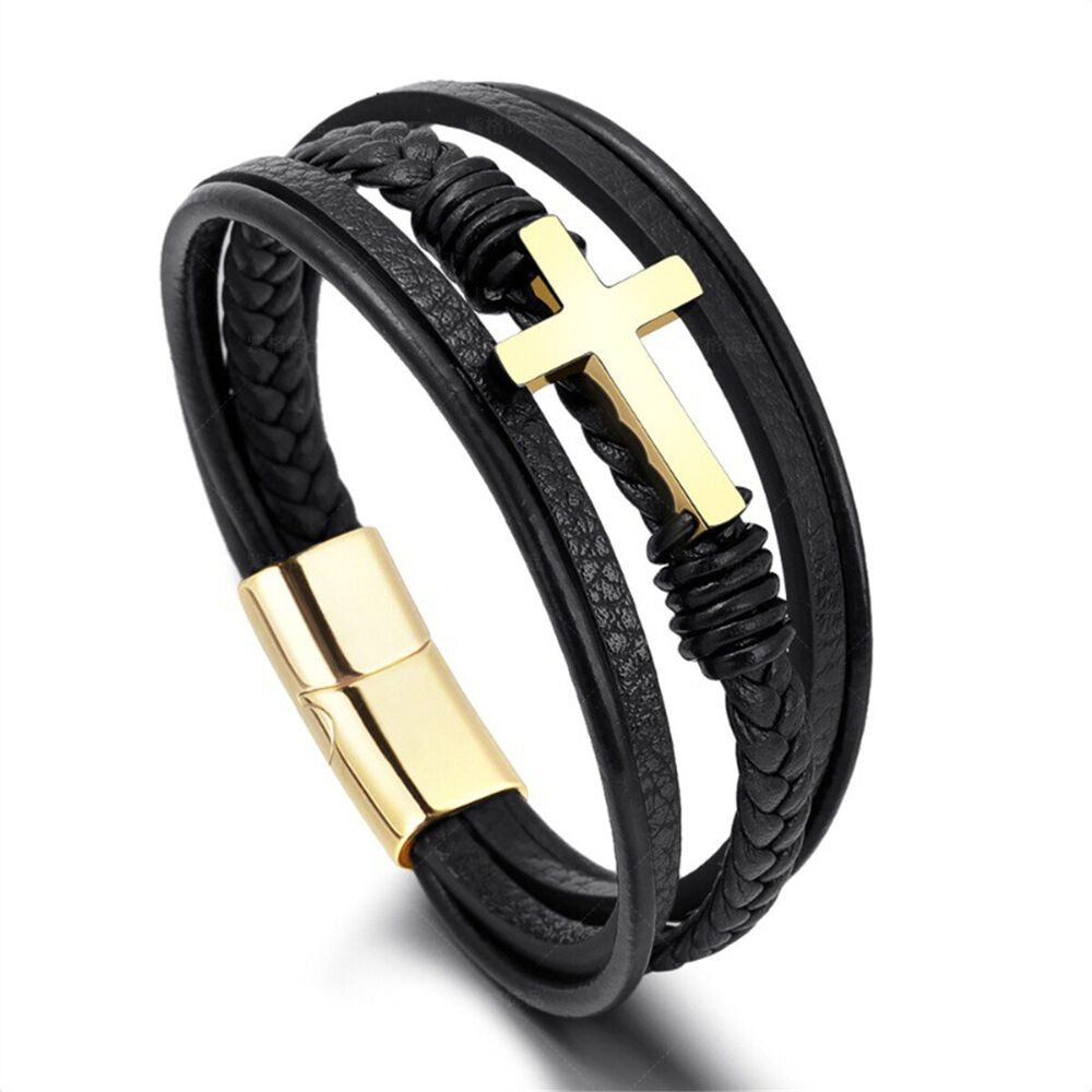 Men's Black Leather Titanium Steel Cross Multi Stripe Bracelet Bangle Wristband