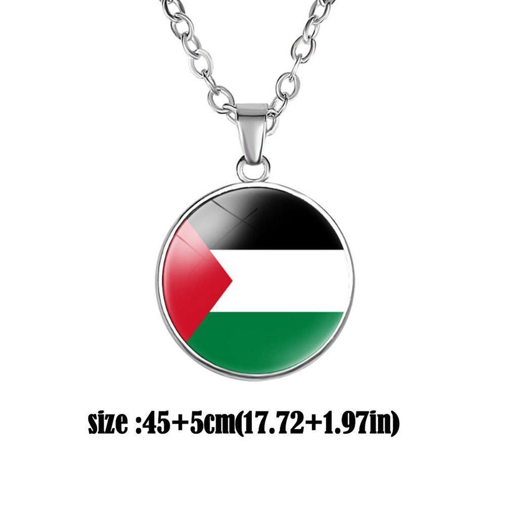 Silver Plated Palestine Flag Map Round Necklace Pendant