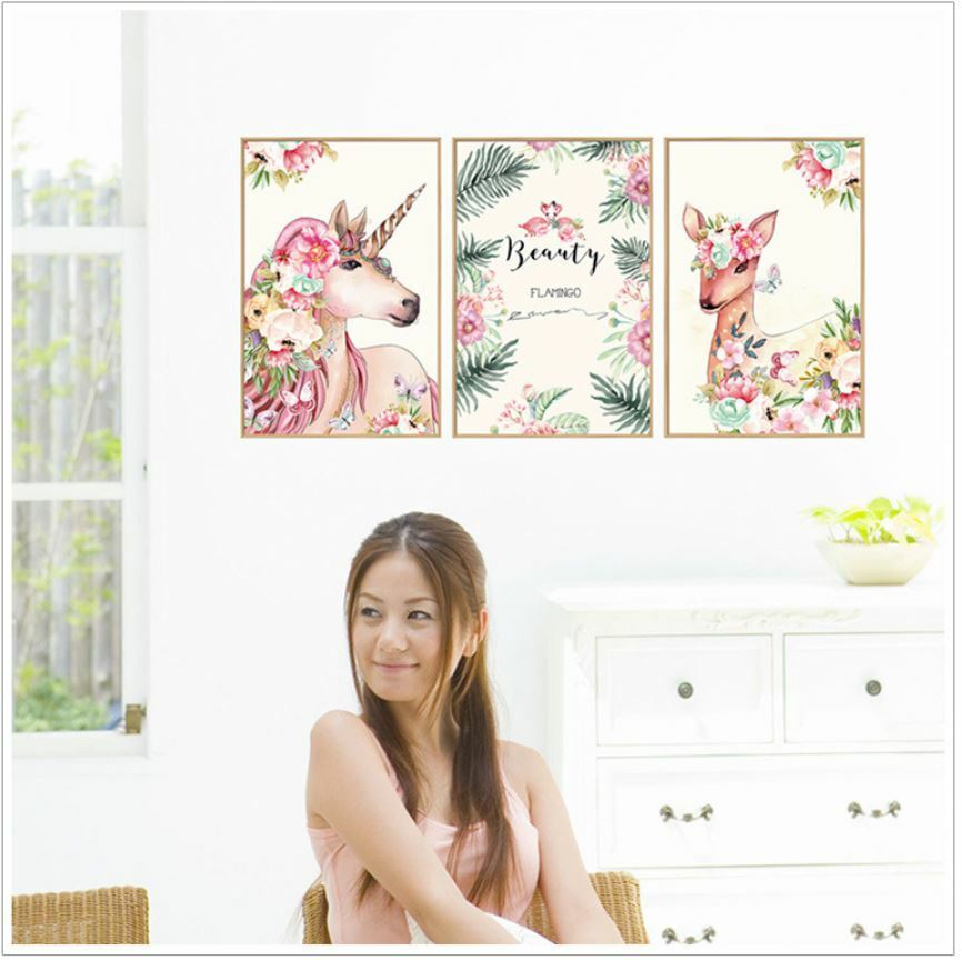 3PCS Wall Sticker Unicorn Flowers Art Vinyl Wall Decals Home Room Decor